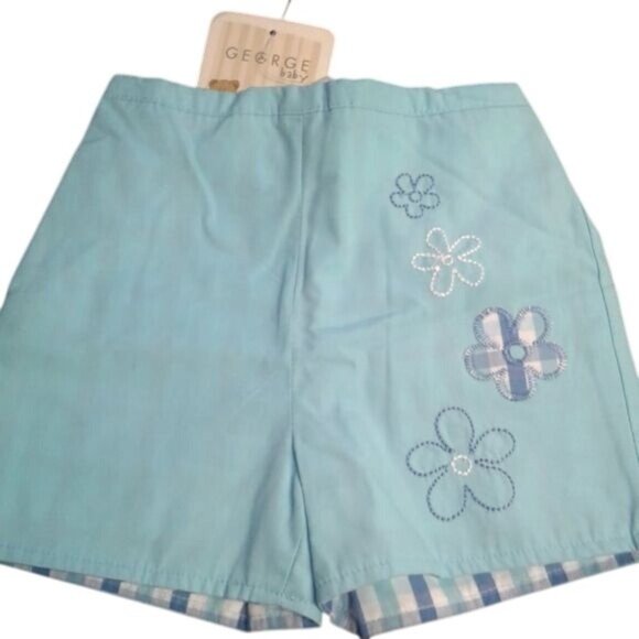 George Baby Size 0 3M Shorts Reversible Blue Floral Checkered Cotton NEW - Picture 1 of 5